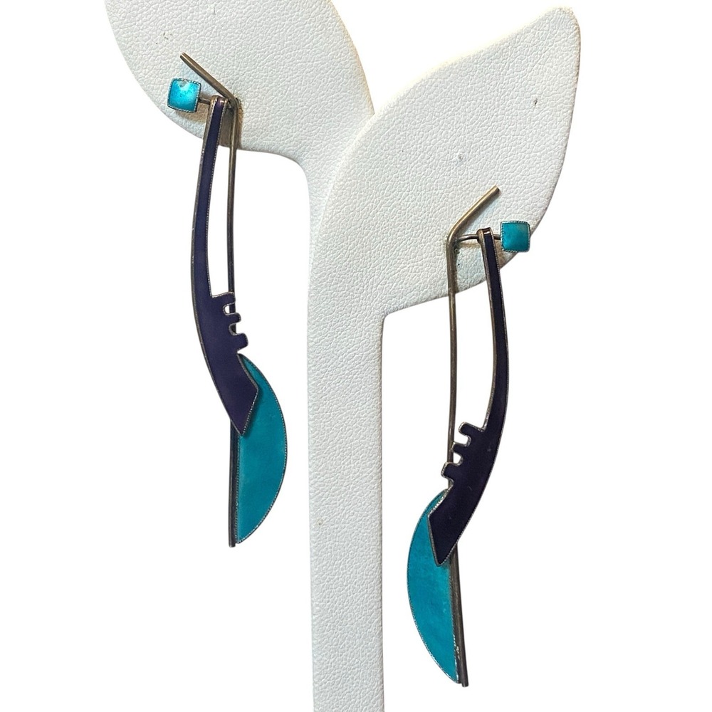 Vtg Enamel MCM Modernist Abstract Artisan Sterling Silver Long Dangle Earring